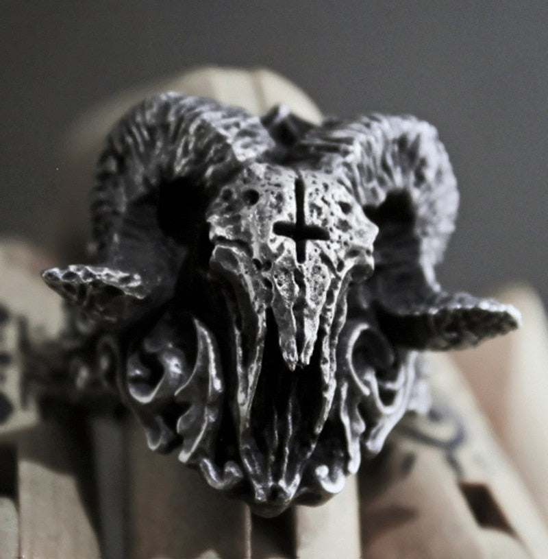 Satanic Goat Skull Demon Devil Mens Ring - Upside Down Inverted Cross - Silver - Unisex
