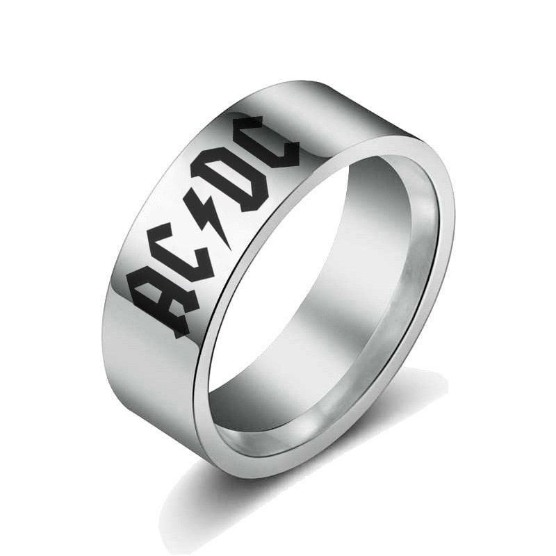 AC/DC Band Mens Ring - Stainless Steel Silver & Black - Unisex