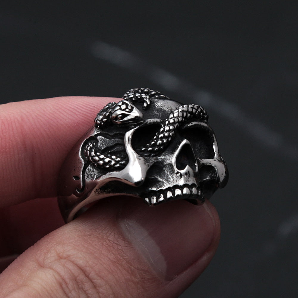 Skull and Snake Gothic Punk Mens Ring - Stainless Steel Silver & Gold - Unisex