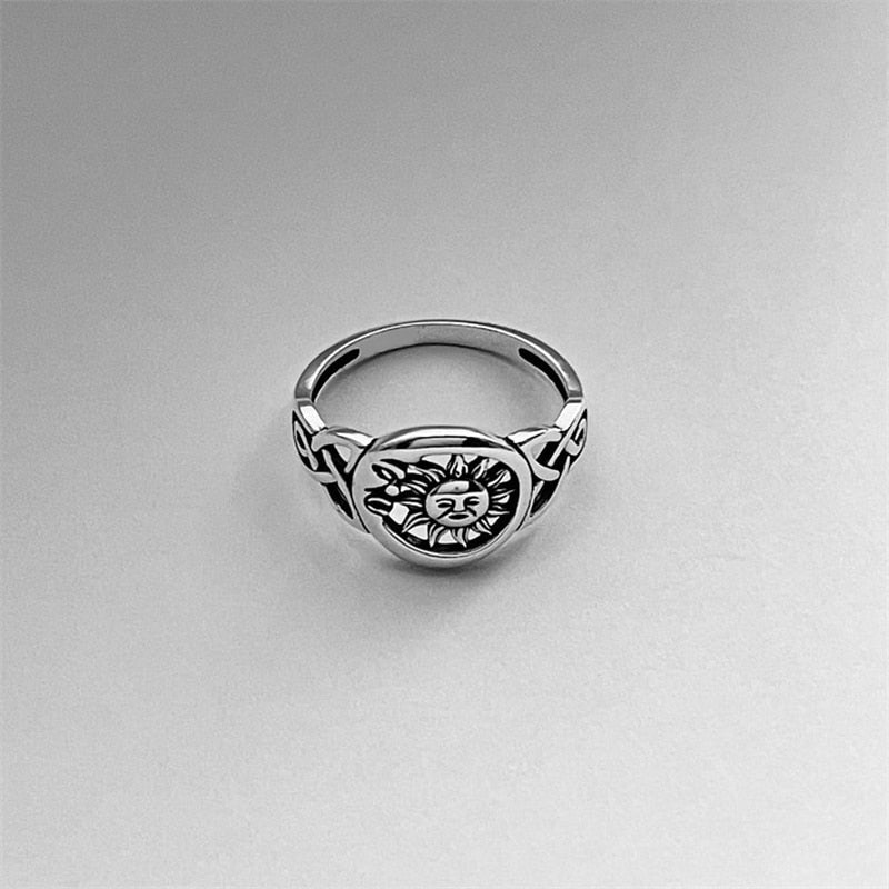 Sun & Moon Face Greek Mythology Mens Ring - Celtic Knot - Silver - Unisex