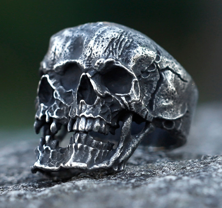 Double-Headed Gothic Skull Mens Ring - Titanium Steel Silver