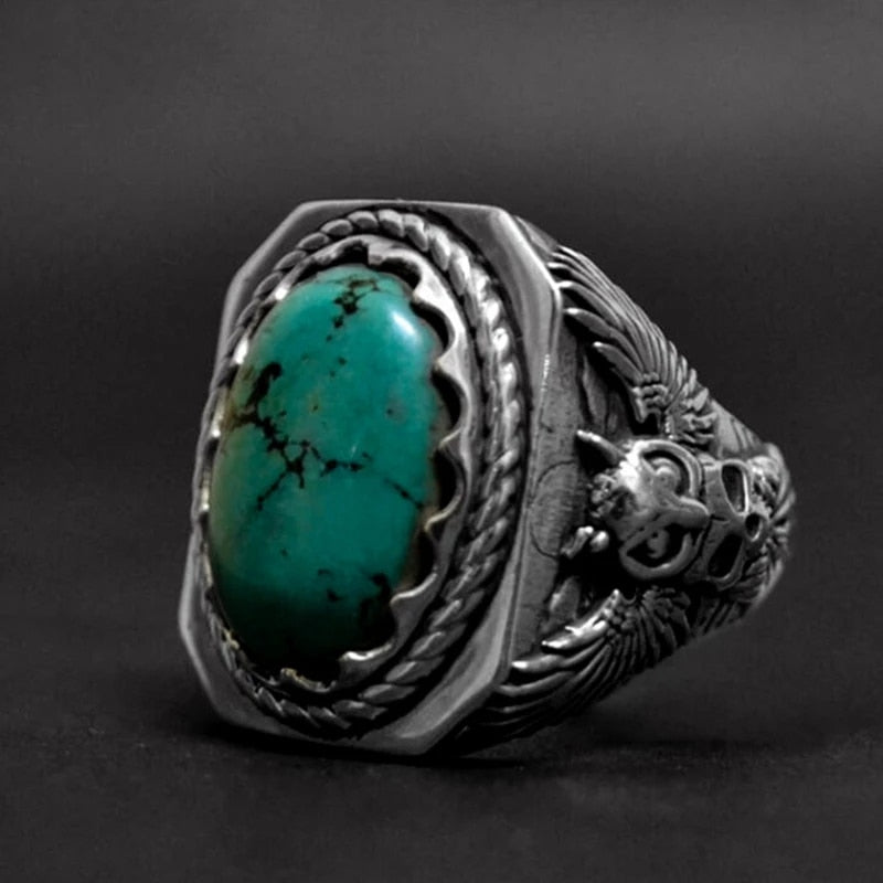 Turquoise Owl Oval Mens Ring - Stainless Steel Silver - Unisex