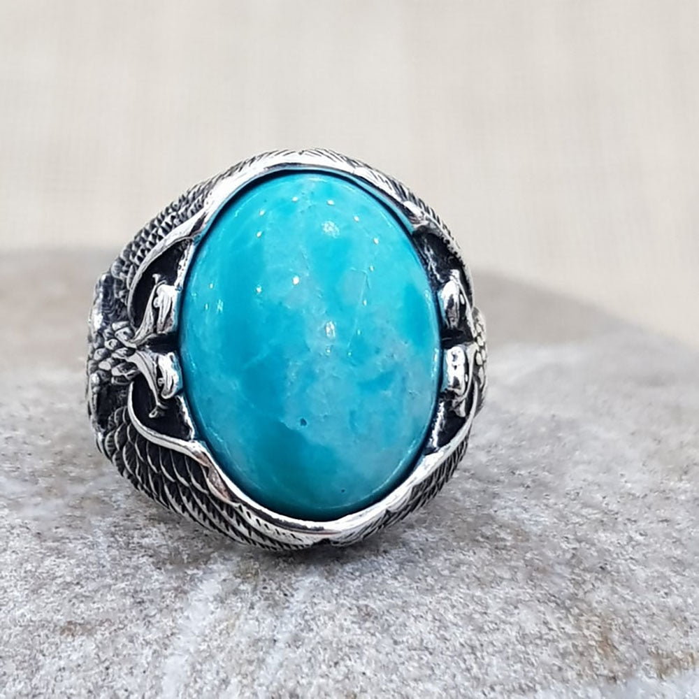 Turquoise Eagle Oval Mens Ring - Silver - Unisex