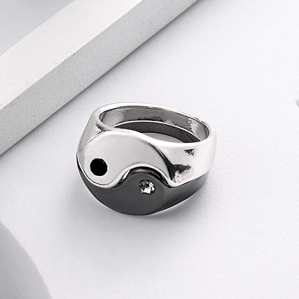 Yin Yang Paired Set of Diamond Unisex Rings - Silver
