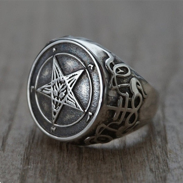 Satanic Pentagram Mark of the Devil Star Mens Ring - Silver - Unisex