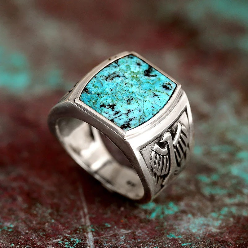 Turquoise ring - Turquoise on hand stamped sterling silver with leaf -