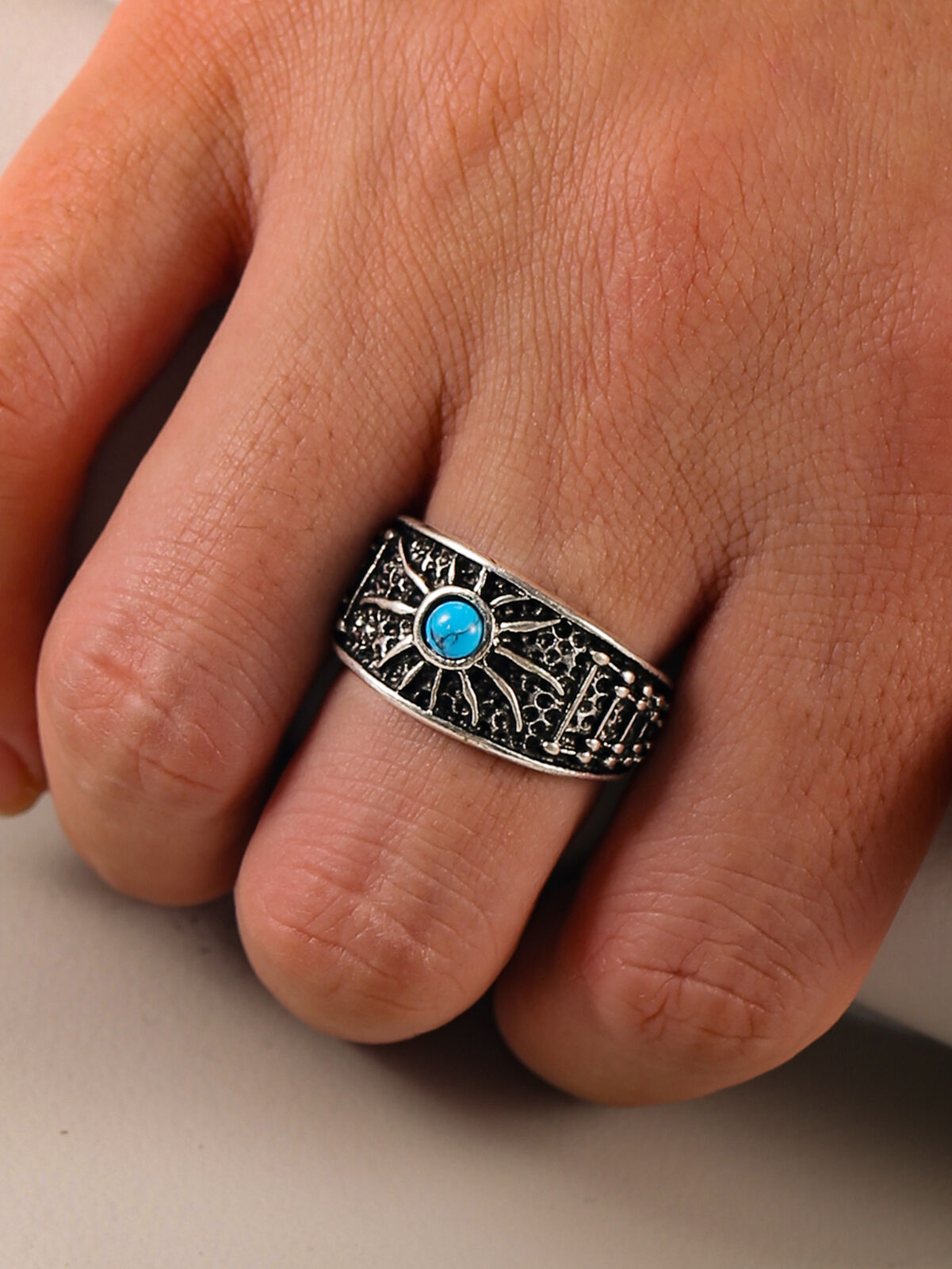 Turquoise Sun Mens Ring - Silver - Unisex